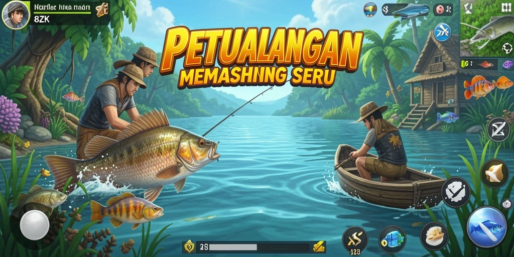 Gameplay 8ZK menampilkan pemain yang tengah memancing dengan latar belakang yang indah.