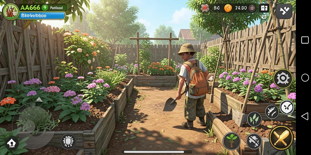 Tampilan gameplay AA666 yang menggambarkan aktivitas berkebun yang interaktif.