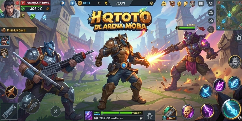 Tampilan gameplay HQTOTO dengan aksi seru di arena MOBA.