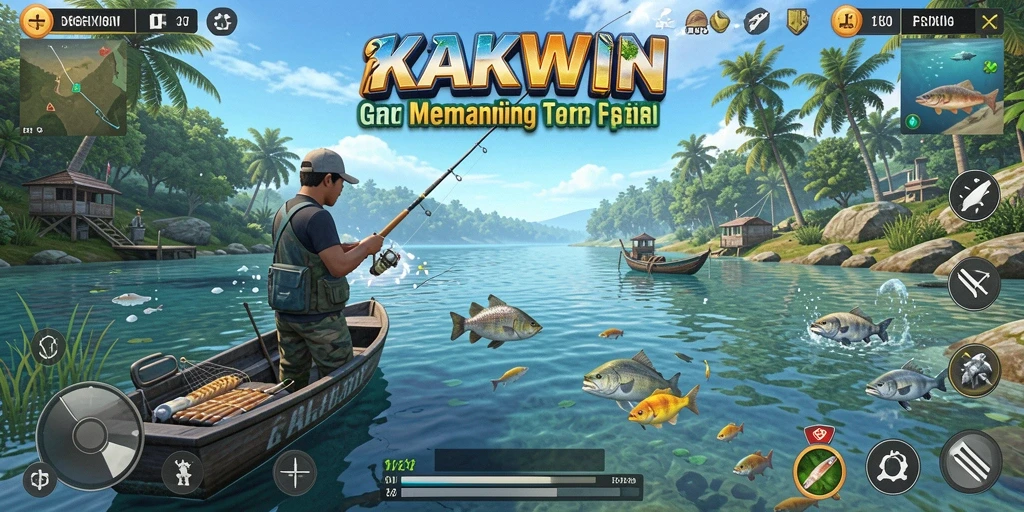 Screenshot menampilkan gameplay seru dari KAKWIN saat memancing ikan.
