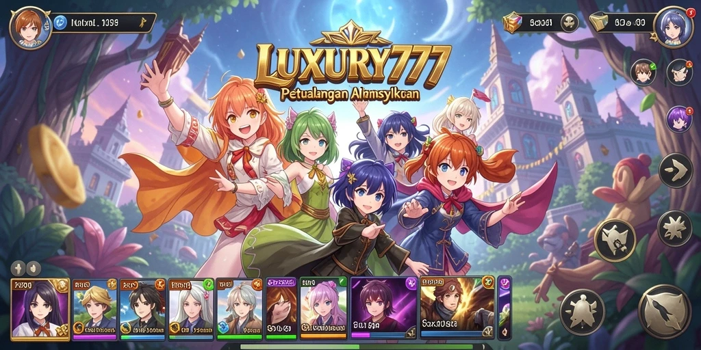 Screenshot utama LUXURY777 menampilkan karakter anime dalam aksi tempur yang seru.