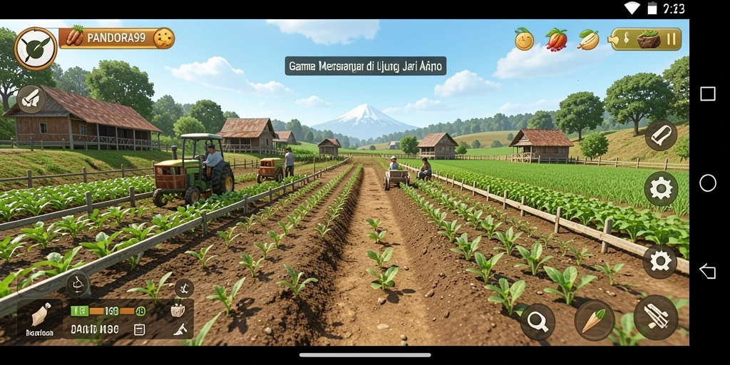 Tampilan gameplay PANDORA99 dengan grafis pertanian yang menarik.