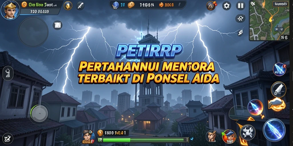 Tangkapan layar utama dari gameplay <strong>PETIRRP</strong> yang menunjukkan menara bertahan dan gelombang musuh.